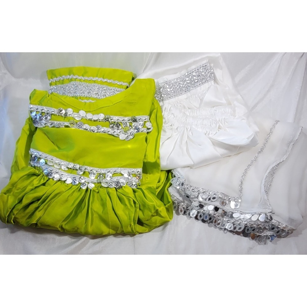 Women's 3pc Satin Dupatta‎ Kurta Set Lime Green & White - Coin Details 37" Chest